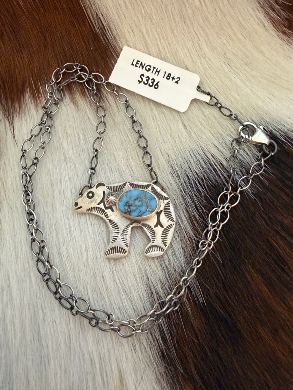 ❤️ Golden Hills Turquoise Hand Stamped Statement Bear Necklace 925 Matte 18+2”
